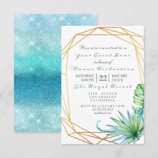Monstera White Tropic Ocean Gold  Birthday Bridal Invitation (Front/Back)
