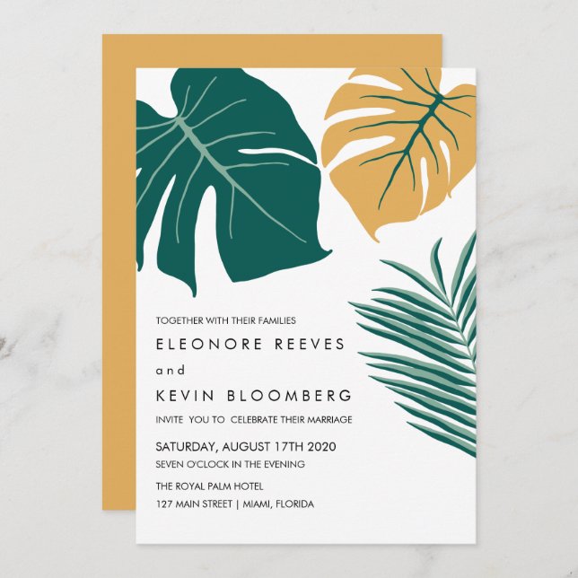 Monstera | Yellow | Tropical Leaves Wedding Invitation (Front/Back)