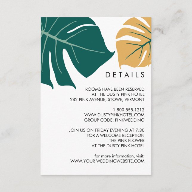 Monstera Yellow | Tropical  Wedding Guest Details Enclosure Card (Front)