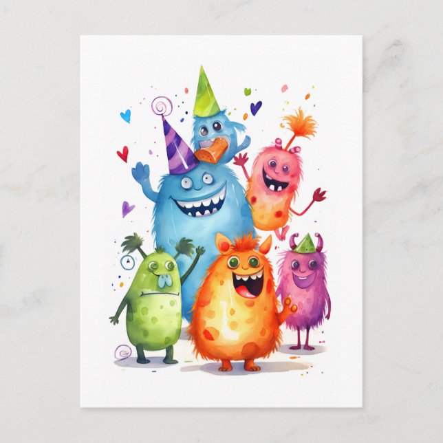 Monster's birthday greetings. Monsters party. Postcard (Front)