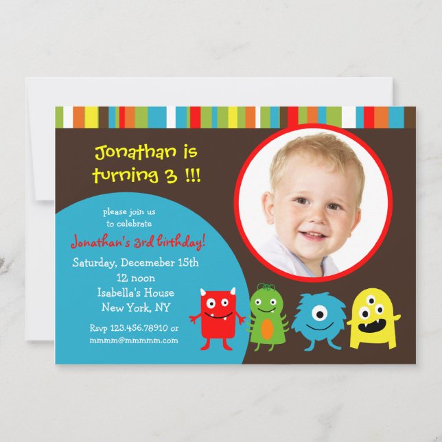 Monsters Birthday Party Invitaitons with Photo Invitation (Front)