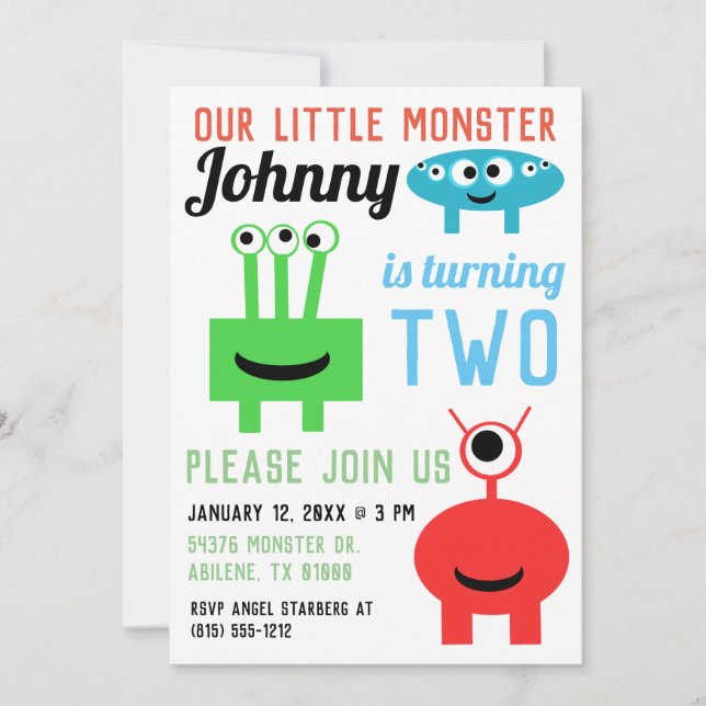 Monsters Birthday Party Invitations - 3Monsters (Front)