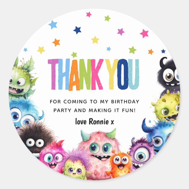 Monsters Birthday Party Thank You Classic Round Sticker (Front)