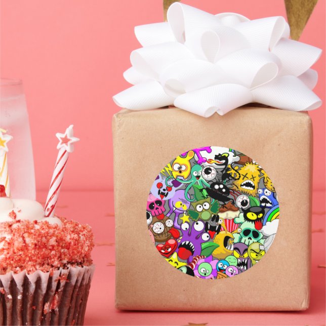 Monsters Cute Characters Halloween Pattern  Classic Round Sticker (Party)