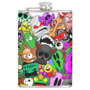 Monsters Cute Characters Halloween Pattern  Hip Flask