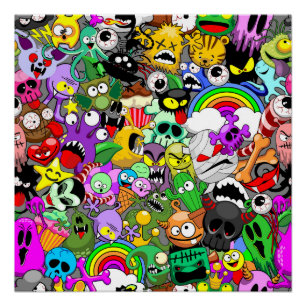 Monsters Cute Characters Halloween Pattern  Poster