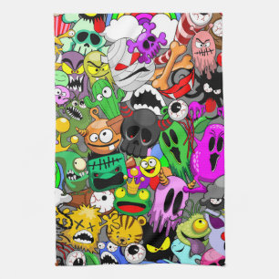 Monsters Cute Characters Halloween Pattern Tea Towel