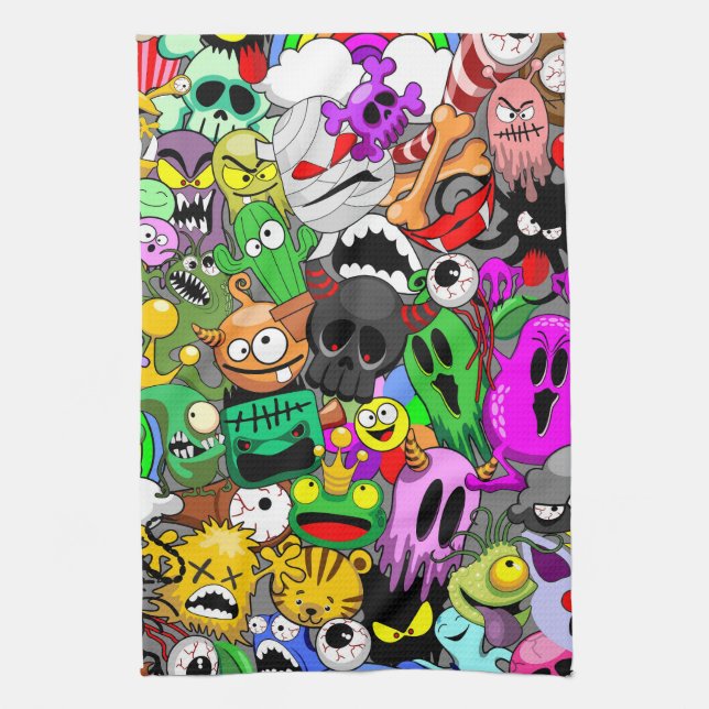 Monsters Cute Characters Halloween Pattern  Tea Towel (Vertical)