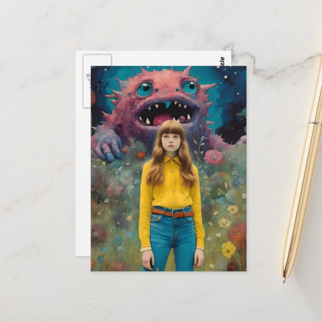 Monsters Don't Scare Me Colourful Fantasy Art Postcard (Front/Back In Situ)