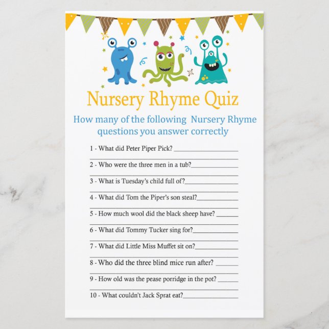 Monsters Nursery Rhyme Quiz baby shower game (Front)