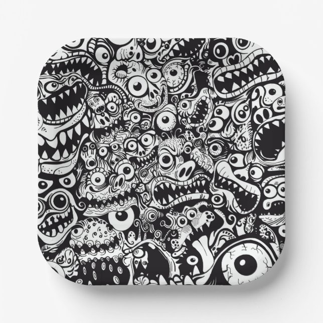 monsters pattern ugly abstract spooky scary creepy paper plate (Front)