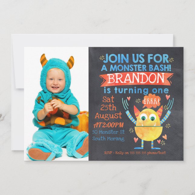 Monsters Photo Watercolor 1st Birthday Invitation (Front)