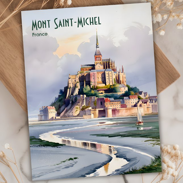 Mont Saint-Michel France Impressionist Watercolor Postcard (Mont Saint-Michel France Travel Vintage Watercolor Postcard)