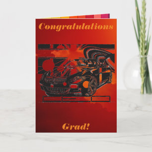 montage ink drawing - sports car the centerpiece. card