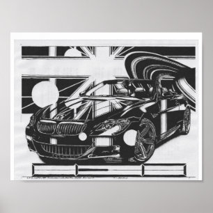 Montage ink drawing - sports car the centerpiece. poster