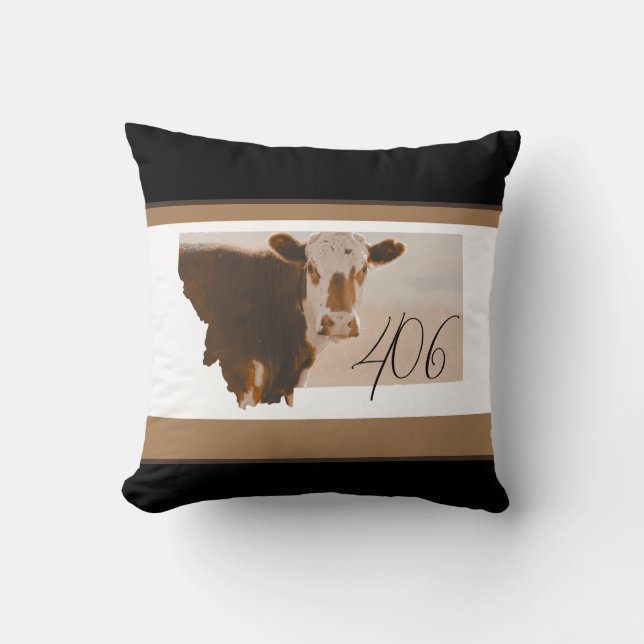 Montana 406 Brown and White Cow Throw Pillow (Front)