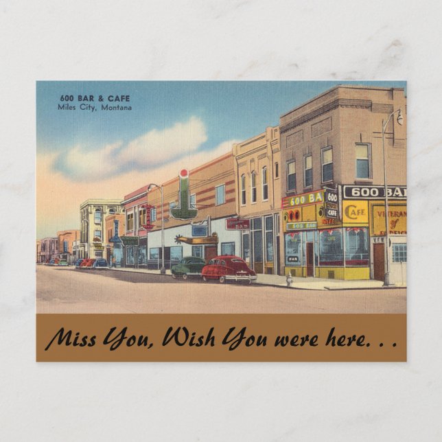 Montana, 600 Bar & Cafe, Miles City Postcard (Front)