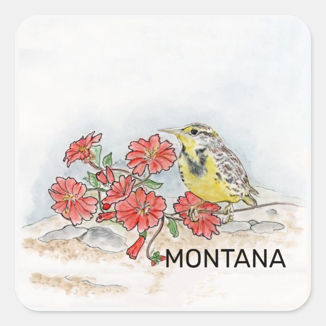 Montana bird and flower square sticker (Front)