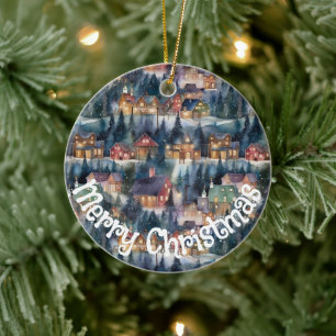 Montana Christmas at Midnight Street Watercolor Ceramic Tree Decoration