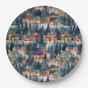 Montana Christmas at Midnight Street Watercolor Paper Plate