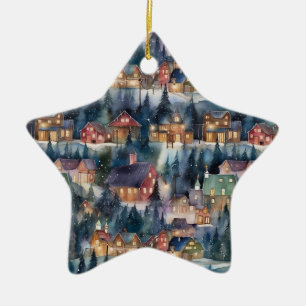 Montana Christmas Cowboy Town at Night Ceramic Tree Decoration