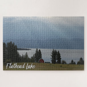 Montana Flathead Lake Shore Red Barn Trees Jigsaw Puzzle
