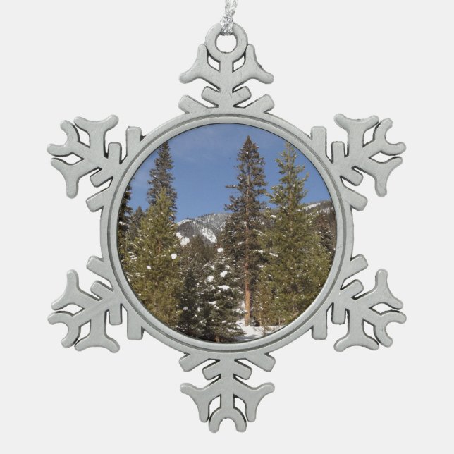 Montana Mountain Trails in Winter Landscape Photo Snowflake Pewter Christmas Ornament (Front)