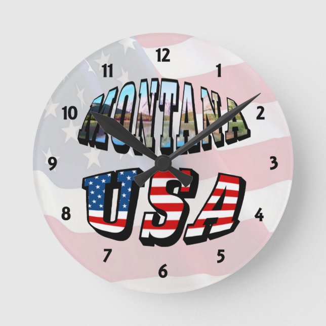 Montana Picture and USA Flag Text Round Clock (Front)