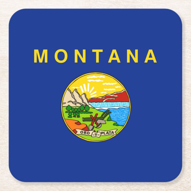 Montana State Flag Design Square Paper Coaster (Front)