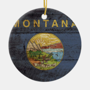 Montana State Flag on Old Wood Grain Ceramic Tree Decoration