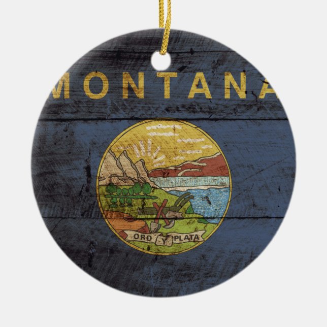 Montana State Flag on Old Wood Grain Ceramic Tree Decoration (Front)