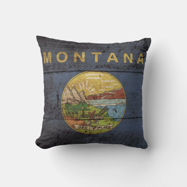 Montana State Flag on Old Wood Grain Cushion (Front)