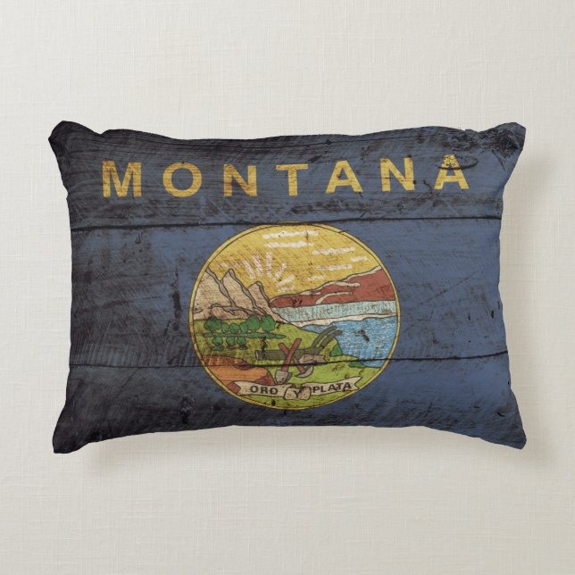 Montana State Flag on Old Wood Grain Decorative Cushion (Front)