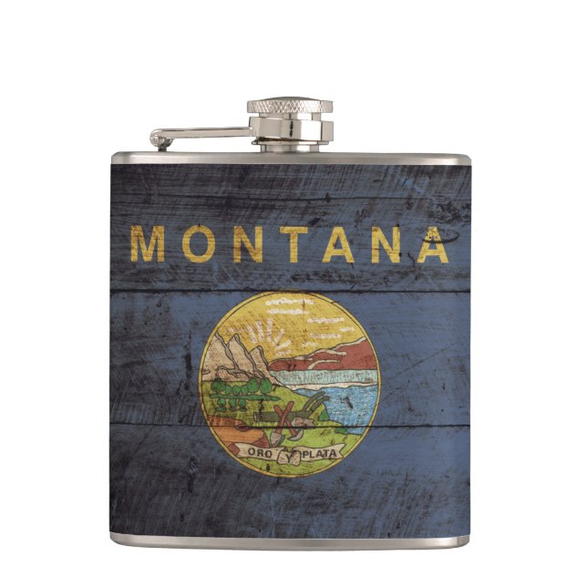 Montana State Flag on Old Wood Grain Hip Flask (Front)