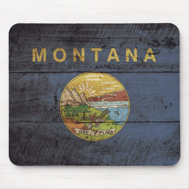Montana State Flag on Old Wood Grain Mouse Mat (Front)