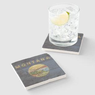 Montana State Flag on Old Wood Grain Stone Coaster
