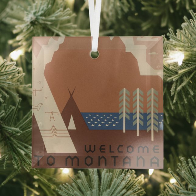 Montana State: Indian Tribes, Mountains, Prairie Glass Tree Decoration (Insitu)