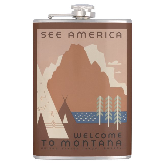 Montana State: Indian Tribes, Mountains, Prairie Hip Flask (Front)