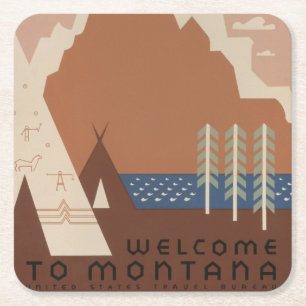 Montana State: Indian Tribes, Mountains, Prairie Square Paper Coaster