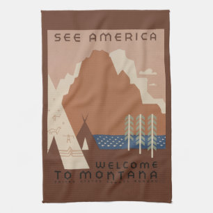 Montana State: Indian Tribes, Mountains, Prairie Tea Towel