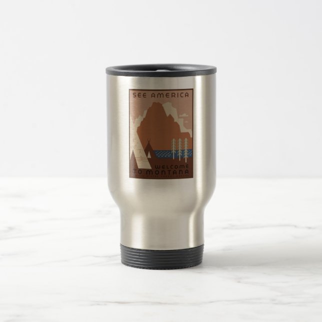 Montana State: Indian Tribes, Mountains, Prairie Travel Mug (Center)