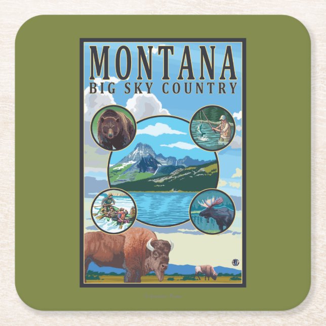 Montana State Scenes Square Paper Coaster (Front)