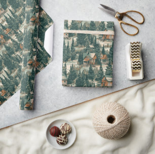 Montana Treescape Evergreens with Cabins Wrapping Paper