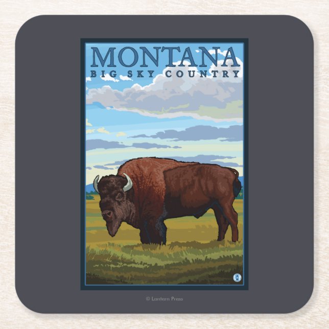 MontanaBison Vintage Travel Poster Square Paper Coaster (Front)