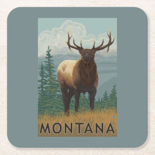 MontanaElk Scene Square Paper Coaster