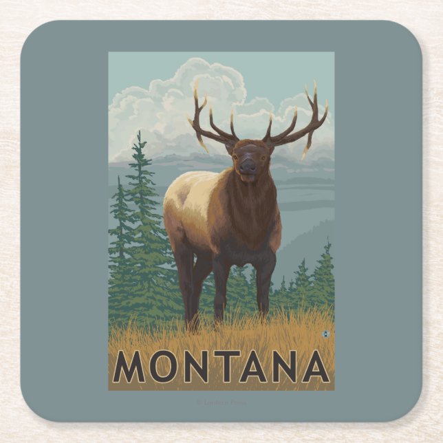 MontanaElk Scene Square Paper Coaster (Front)