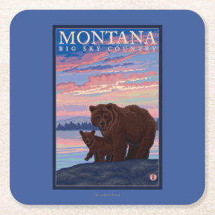 MontanaMomma Bear and Cub Vintage Travel Square Paper Coaster