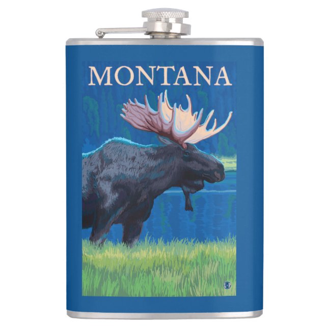 MontanaMoose Vintage Travel Poster Hip Flask (Front)