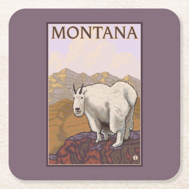 MontanaMountain Goat Vintage Travel Poster Square Paper Coaster (Front)