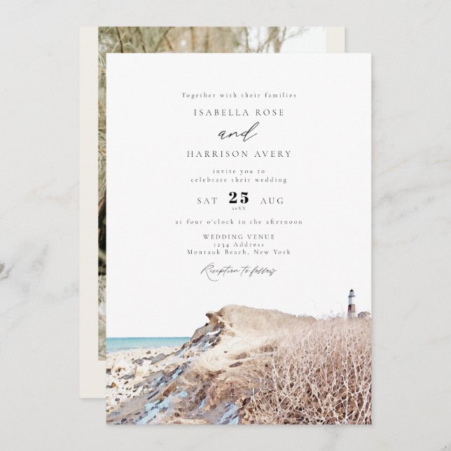MONTAUK Beach New York Watercolor Wedding Invitati Invitation (Front/Back)